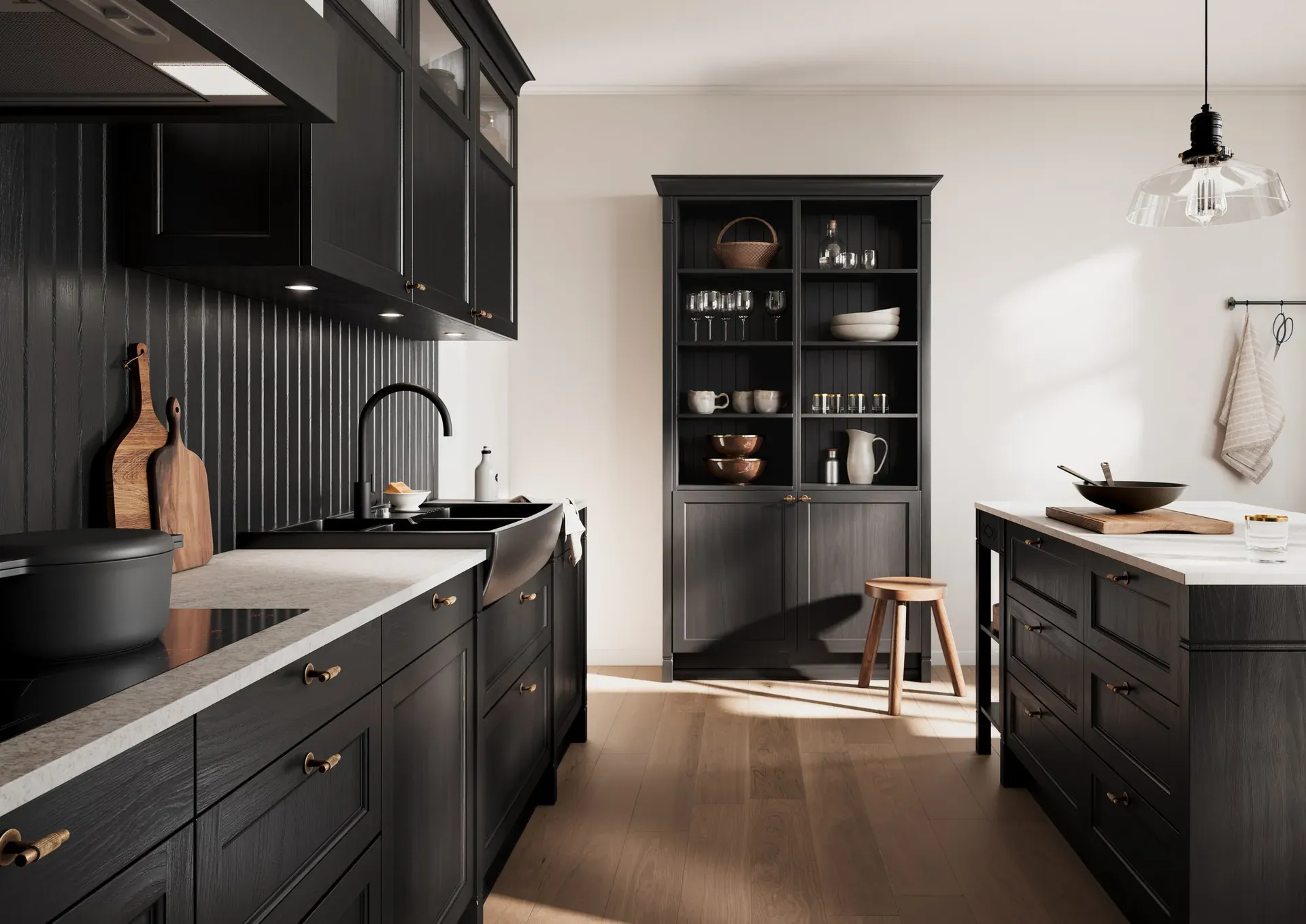 Landhausküche BRISTOL in Schwarz mit Vitrinenschrank